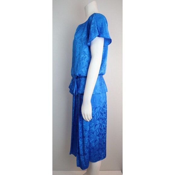 VINTAGE WOMEN'S BLUE FLORAL TEXTURED BLOUSON DRESS - STUART ALAN - SIZE M - Picture 6 of 9